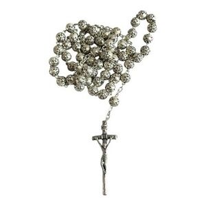 Silver Tone Catholic Rosary Necklace Prayer Beads Filigree Crucifix Cross New